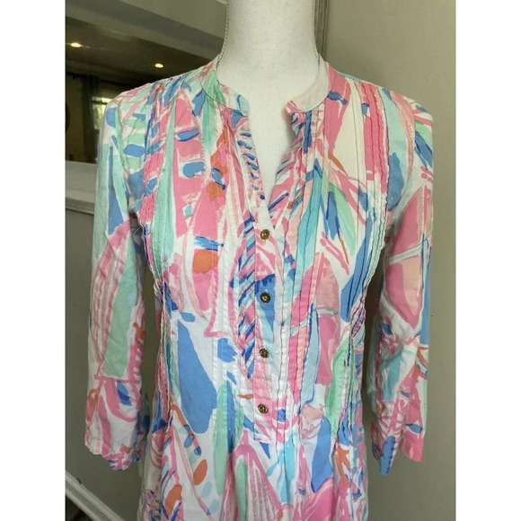 Lilly Pulitzer Sarasota Tunic Dress Pintuck Pleats Pink Blue Green XS - Picture 2 of 6